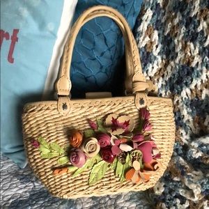 PREOWNED Brighton Straw Leather Appliqué Satchel